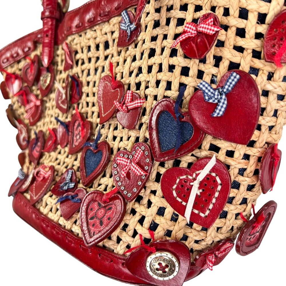 Brighton Wicker Leather Purse Red Hearts Applique Shoulder Handbag Handled Tote - Picture 7 of 16